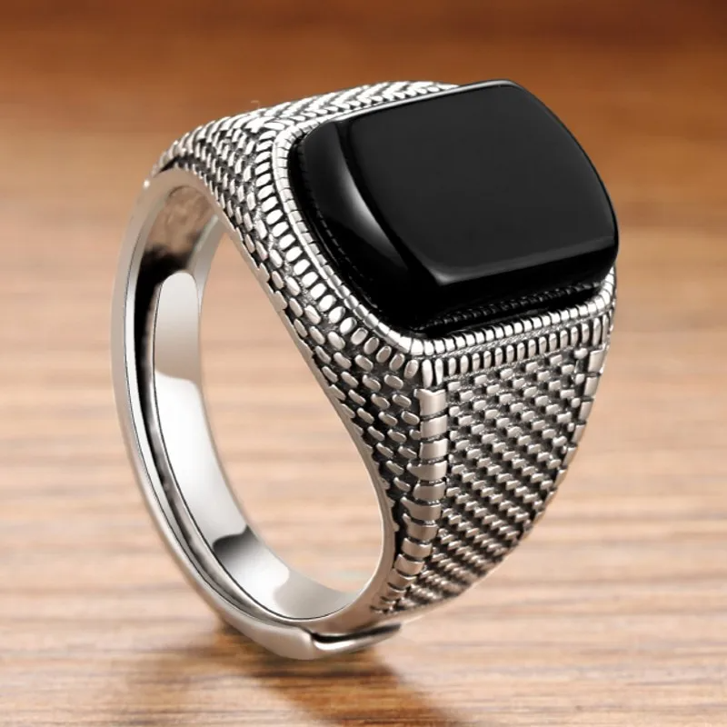 Anel Turco - Prata 925 e Ágata Negra (Ajustável)