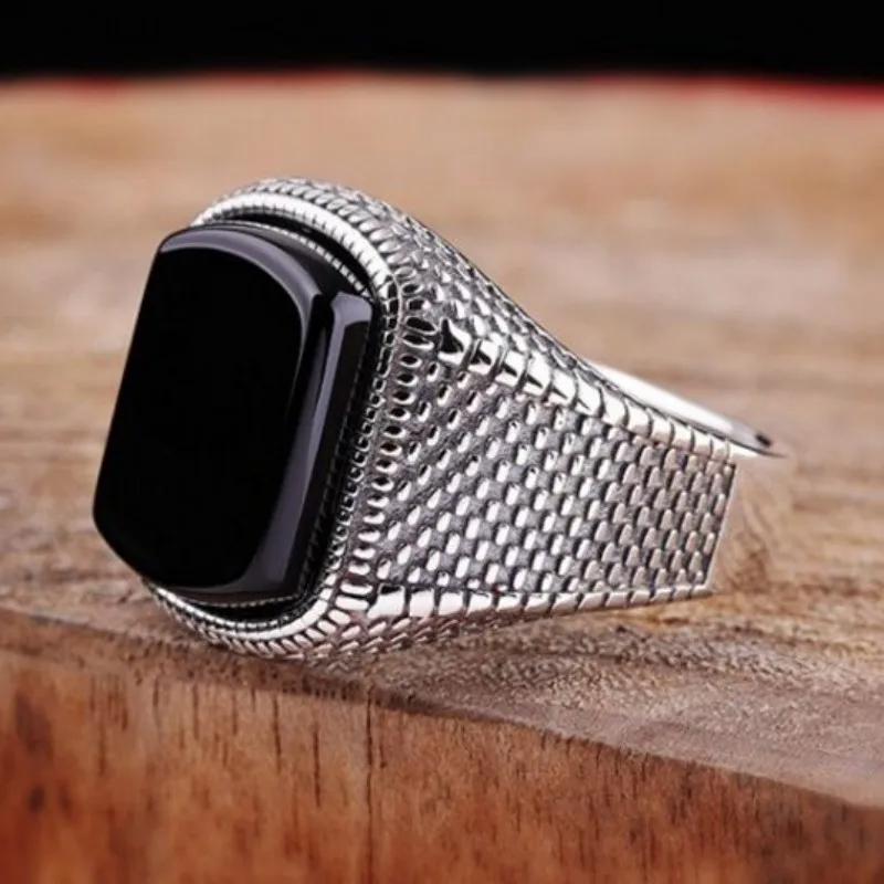 Anel Turco - Prata 925 e Ágata Negra (Ajustável)