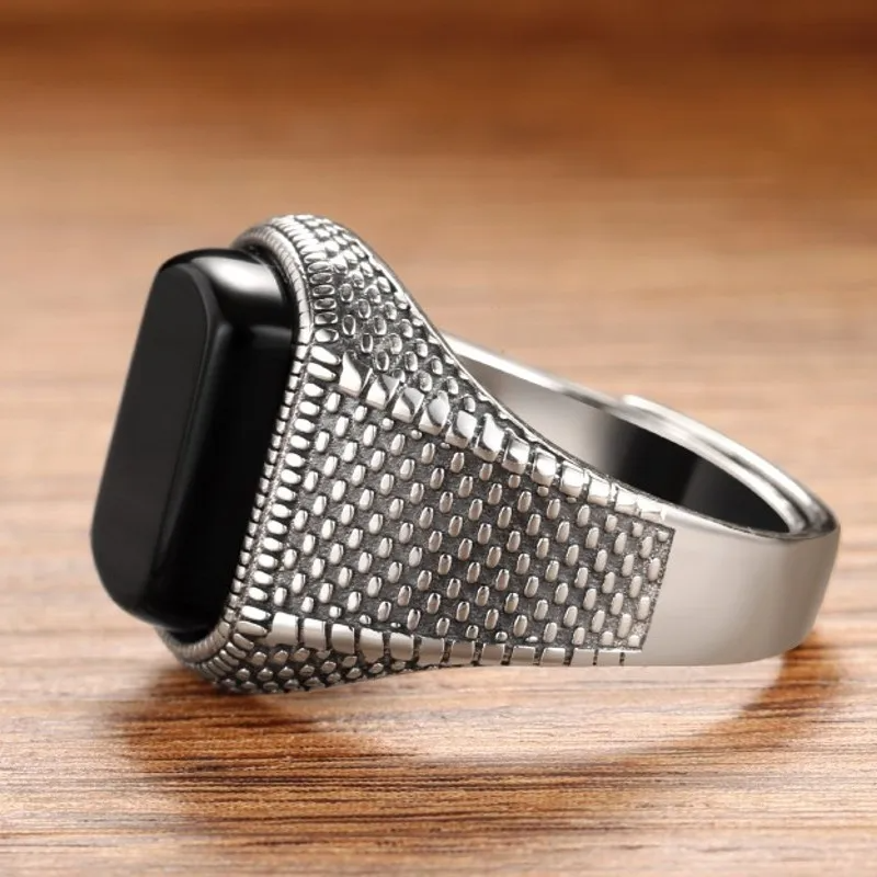 Anel Turco - Prata 925 e Ágata Negra (Ajustável)