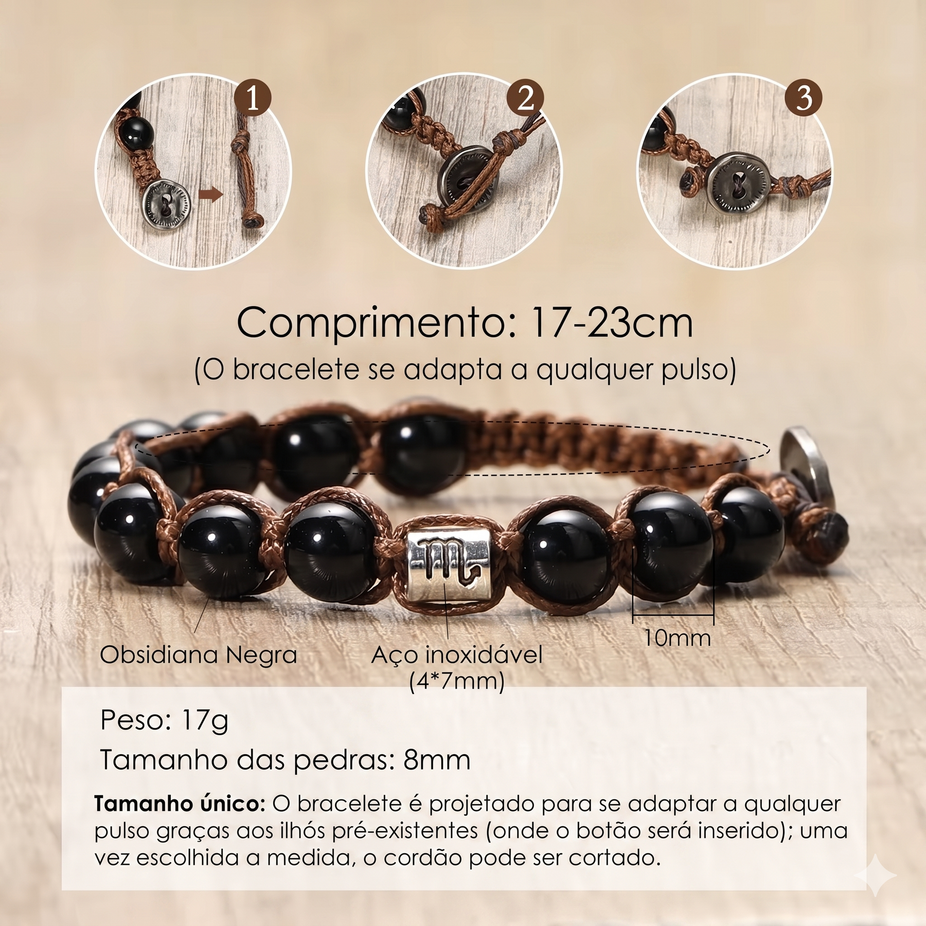 Pulseira Signus - Pedra Obsidiana Negra (Ajustável)