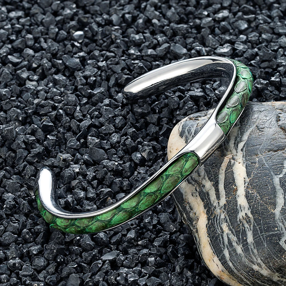 MKENDN Luxury Men Stainless Steel Blue Python Skin Cuff Bracelet Bangles Fashion Minimalist Jewelry Pulseras Lovers' Gift