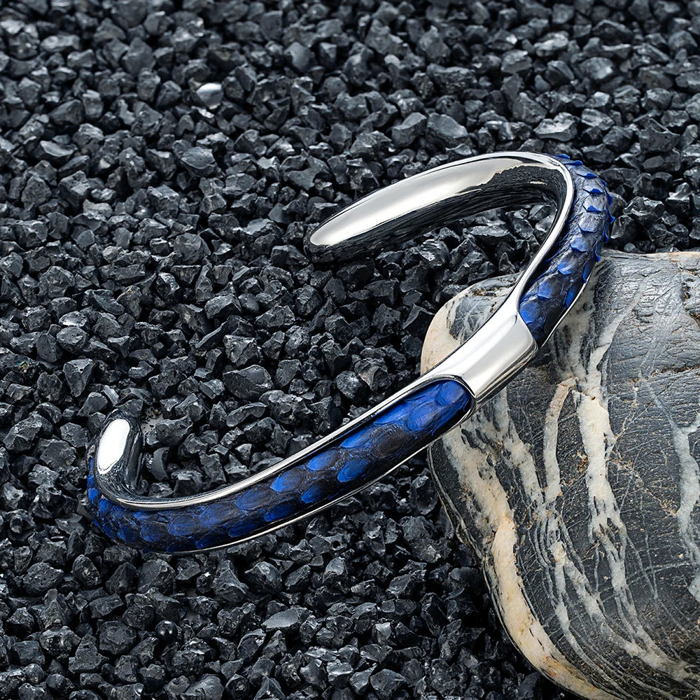 MKENDN Luxury Men Stainless Steel Blue Python Skin Cuff Bracelet Bangles Fashion Minimalist Jewelry Pulseras Lovers' Gift