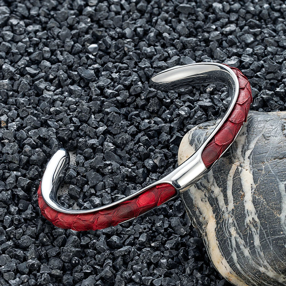 MKENDN Luxury Men Stainless Steel Blue Python Skin Cuff Bracelet Bangles Fashion Minimalist Jewelry Pulseras Lovers' Gift