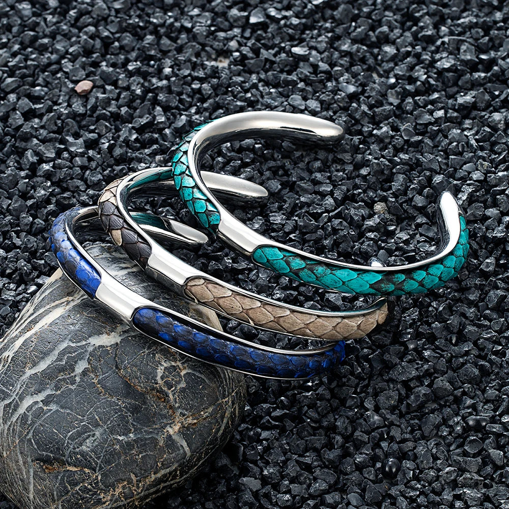 MKENDN Luxury Men Stainless Steel Blue Python Skin Cuff Bracelet Bangles Fashion Minimalist Jewelry Pulseras Lovers' Gift