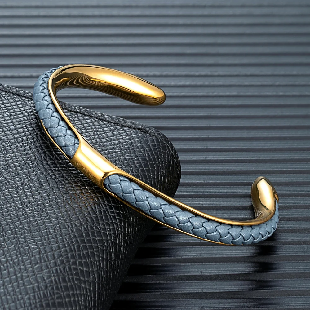 MKENDN Luxury Men Stainless Steel Blue Python Skin Cuff Bracelet Bangles Fashion Minimalist Jewelry Pulseras Lovers' Gift