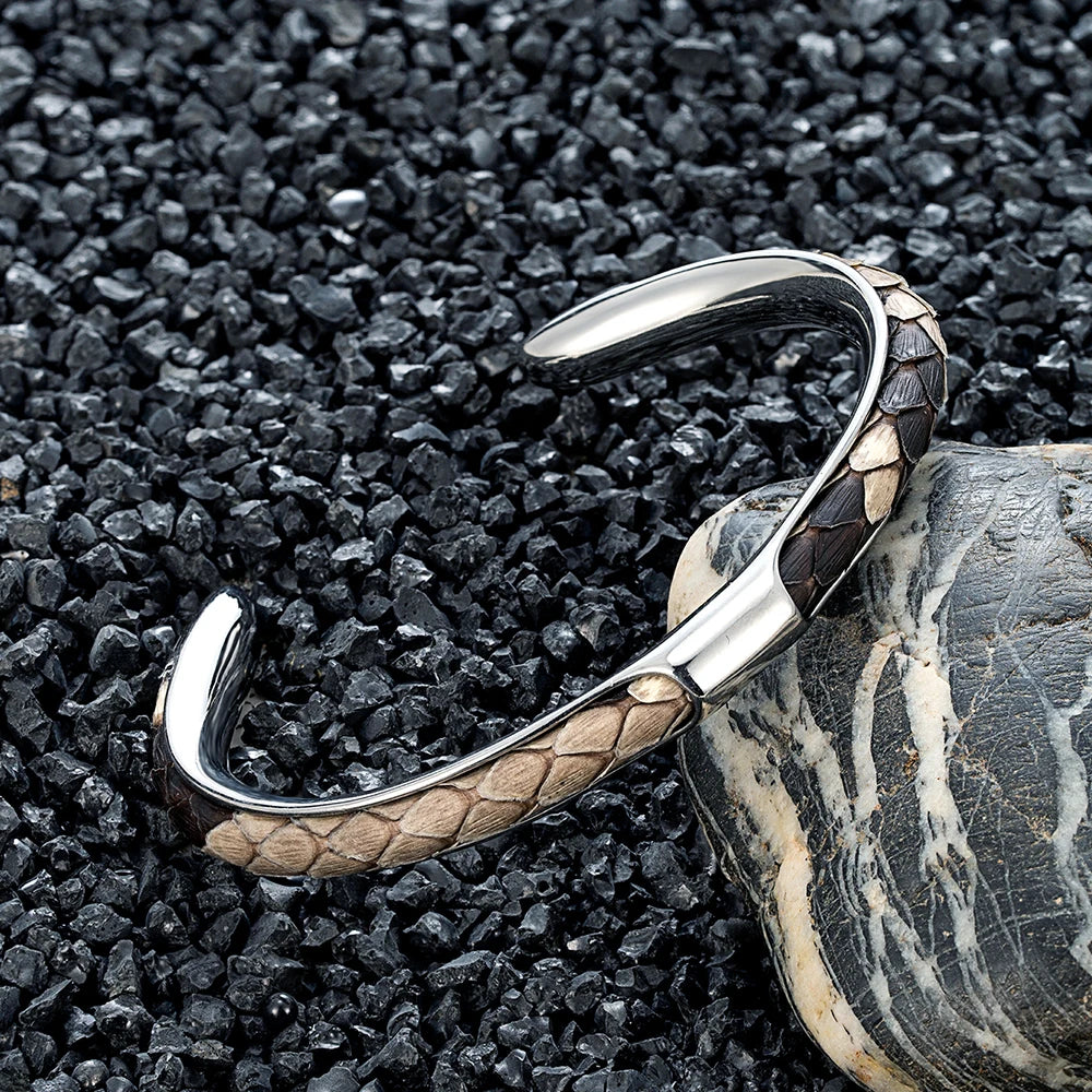 MKENDN Luxury Men Stainless Steel Blue Python Skin Cuff Bracelet Bangles Fashion Minimalist Jewelry Pulseras Lovers' Gift