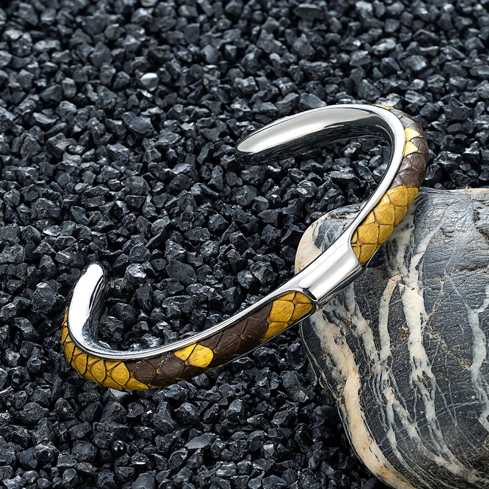 MKENDN Luxury Men Stainless Steel Blue Python Skin Cuff Bracelet Bangles Fashion Minimalist Jewelry Pulseras Lovers' Gift